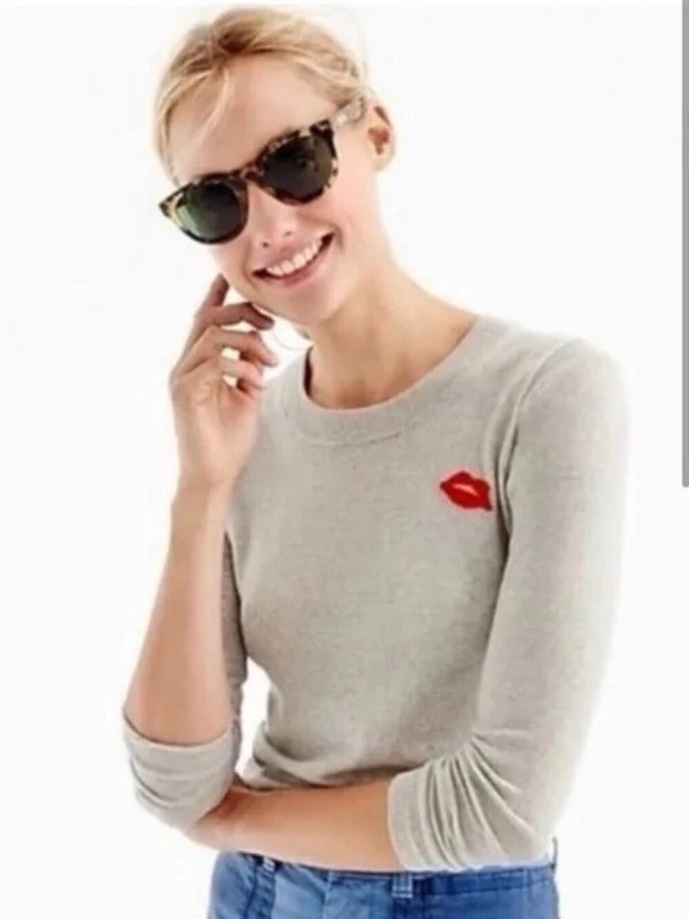 J.CREW Tippi Wool Sweater With Embroidered Lips KISS, Size XXXS, NWT
